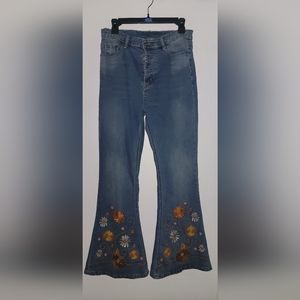 NWOT Little Girl Blue Floral Embroidered Denim Flared Jeans